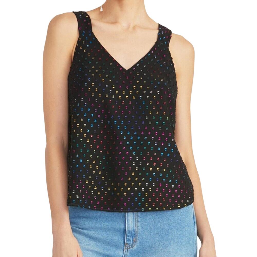 Rachel Roy Romina Women's Tank Shirt Blouse S Black W/ Rainbow Colorful Accents